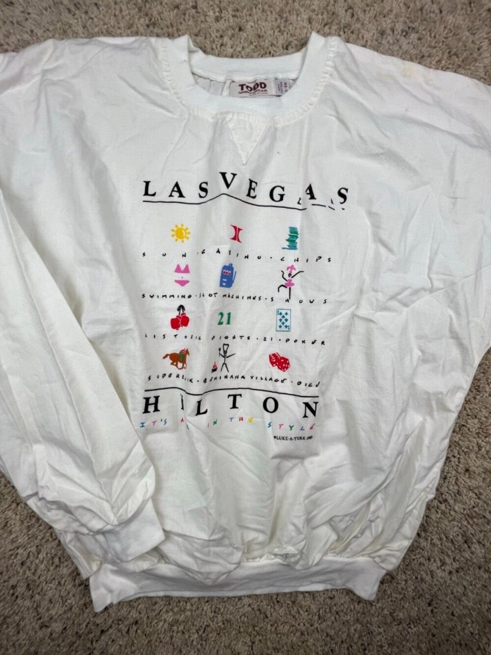 VTG White Long Sleeve T Shirt Luke A Tuke 1998 Hilton Las Vegas 21 Embroidered